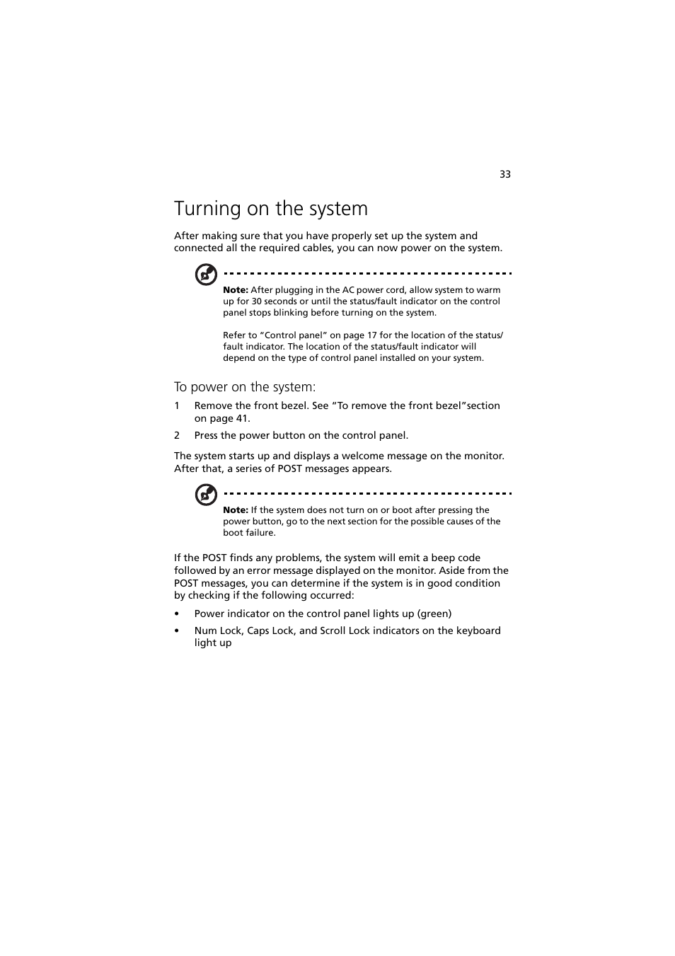 Turning on the system | Acer Network Device Altos R520 User Manual | Page 43 / 184