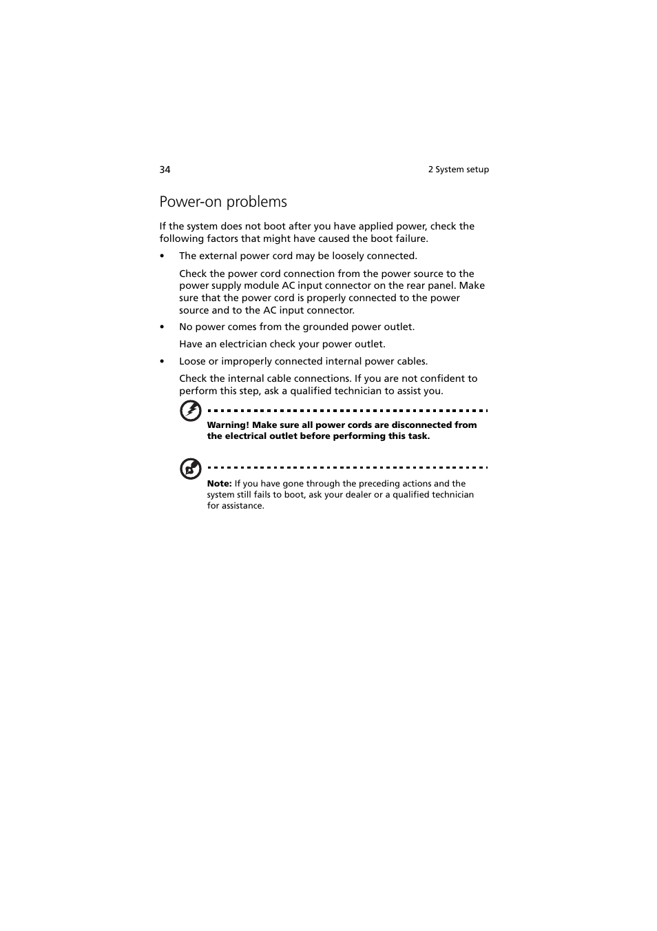 Power-on problems | Acer Network Device Altos R520 User Manual | Page 44 / 184