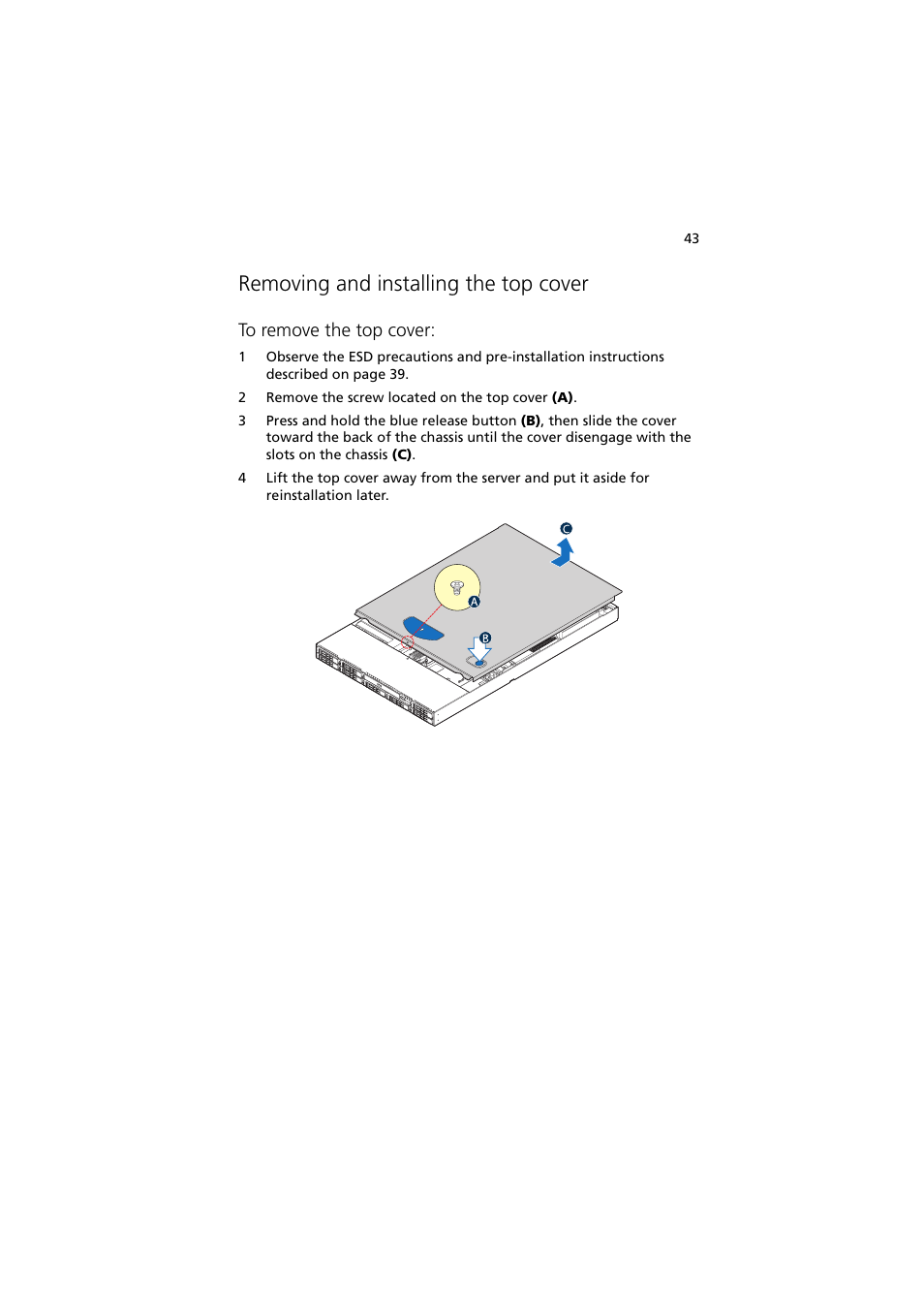 Removing and installing the top cover | Acer Network Device Altos R520 User Manual | Page 53 / 184