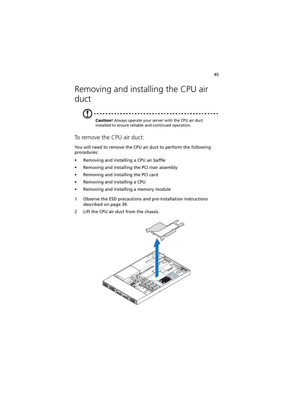 Removing and installing the cpu air duct | Acer Network Device Altos R520 User Manual | Page 55 / 184