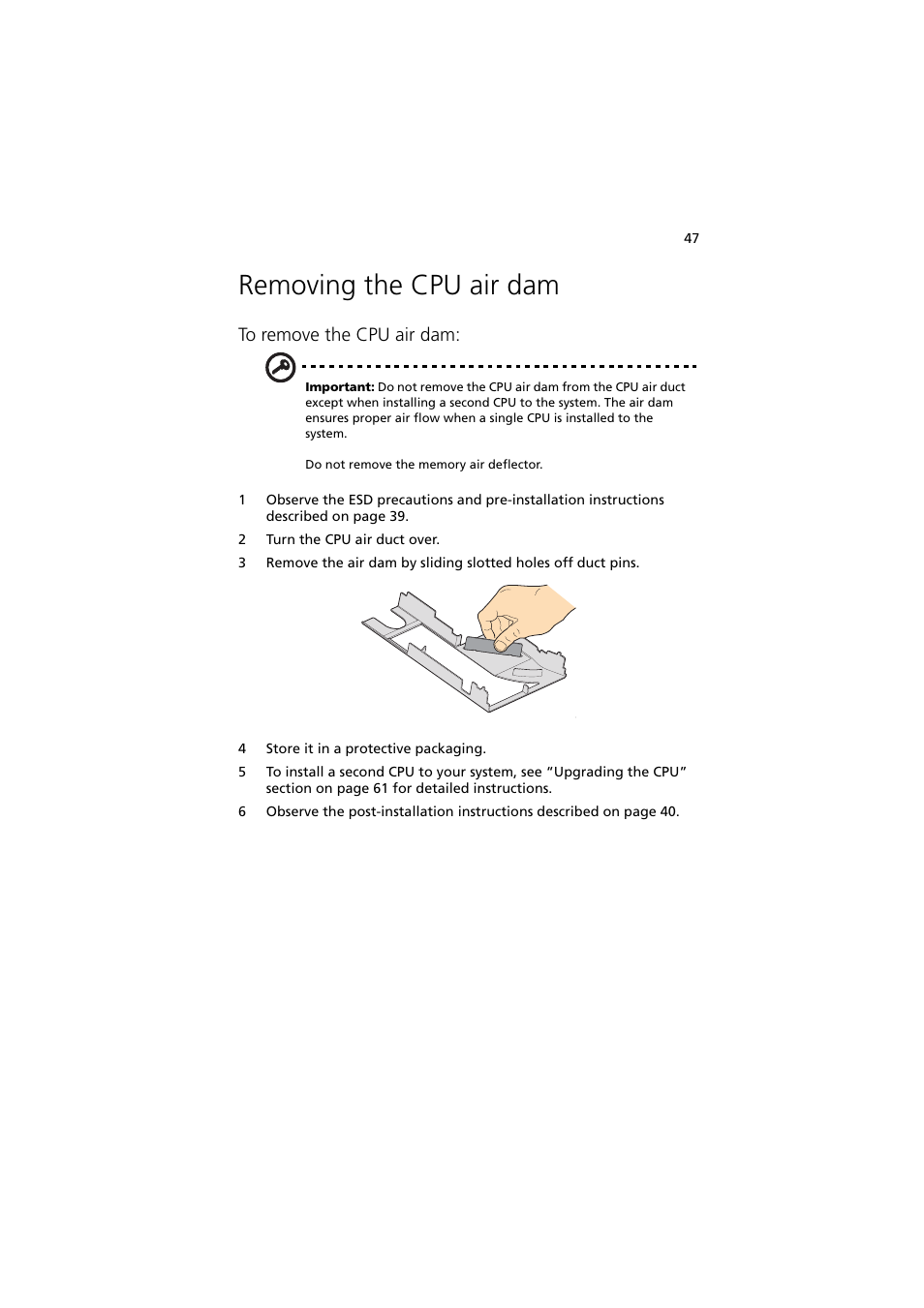 Removing the cpu air dam | Acer Network Device Altos R520 User Manual | Page 57 / 184
