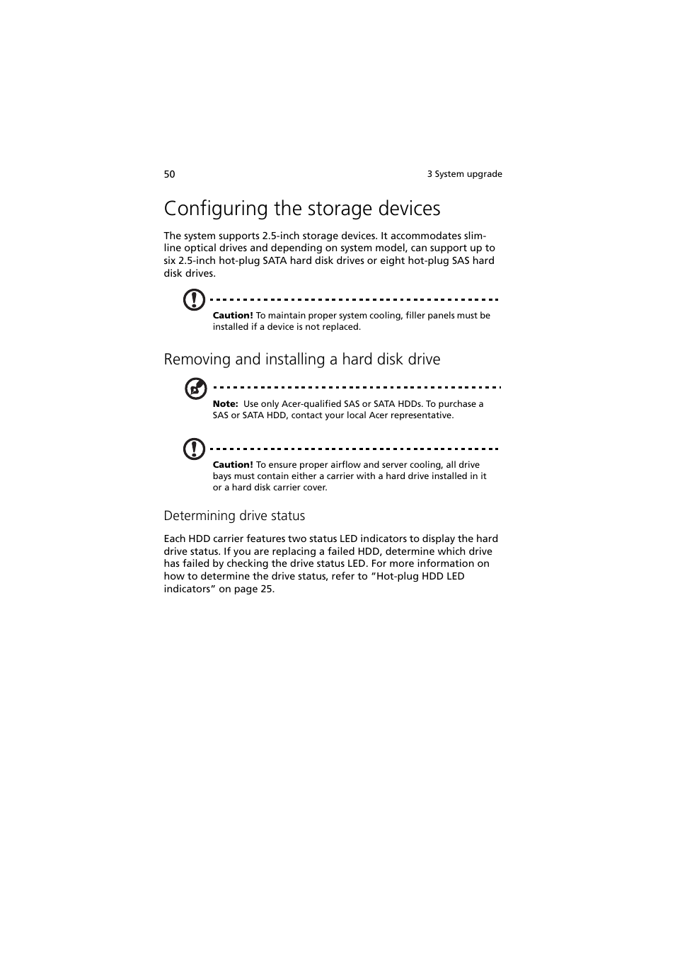 Configuring the storage devices, Removing and installing a hard disk drive | Acer Network Device Altos R520 User Manual | Page 60 / 184