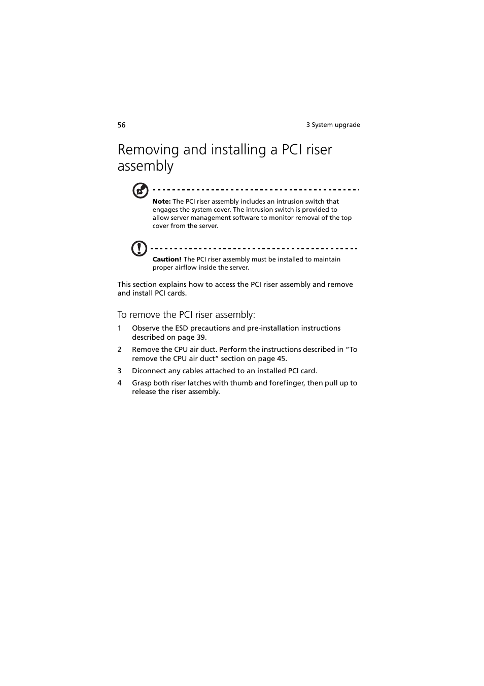Removing and installing a pci riser assembly | Acer Network Device Altos R520 User Manual | Page 66 / 184
