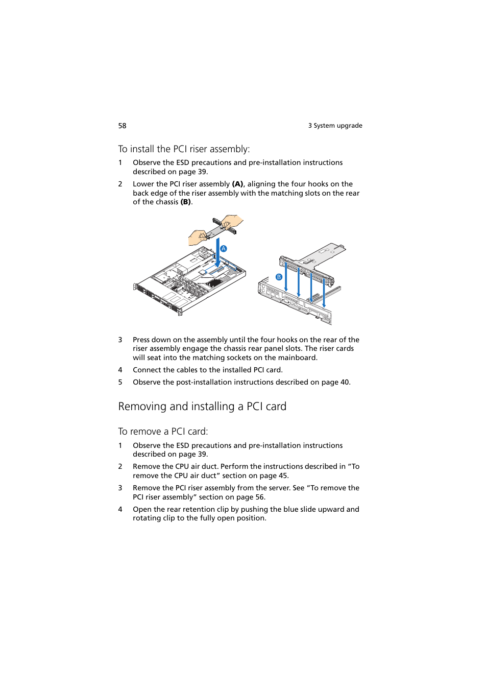 Removing and installing a pci card | Acer Network Device Altos R520 User Manual | Page 68 / 184