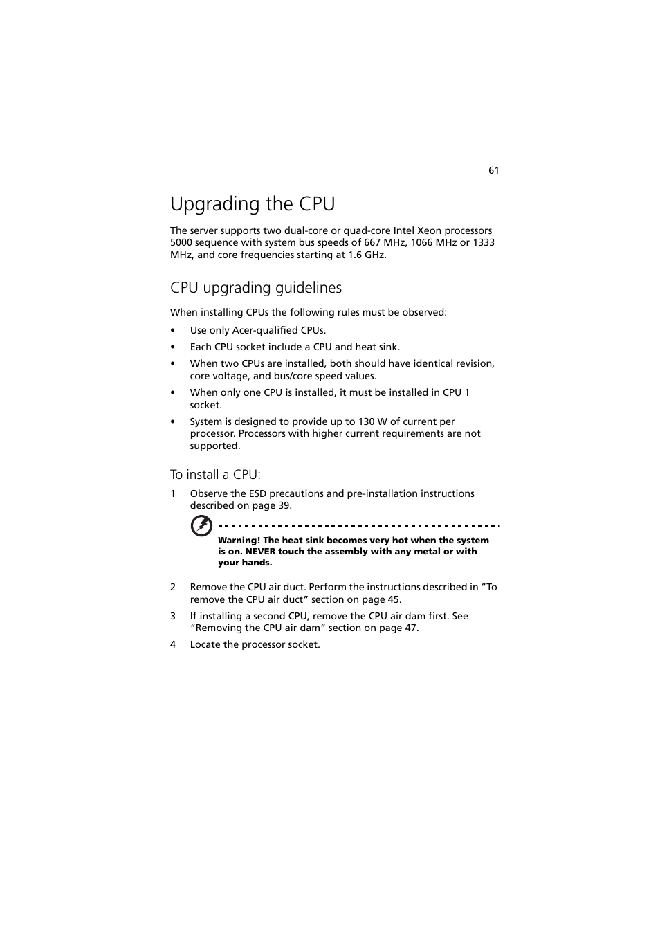 Upgrading the cpu, Cpu upgrading guidelines | Acer Network Device Altos R520 User Manual | Page 71 / 184