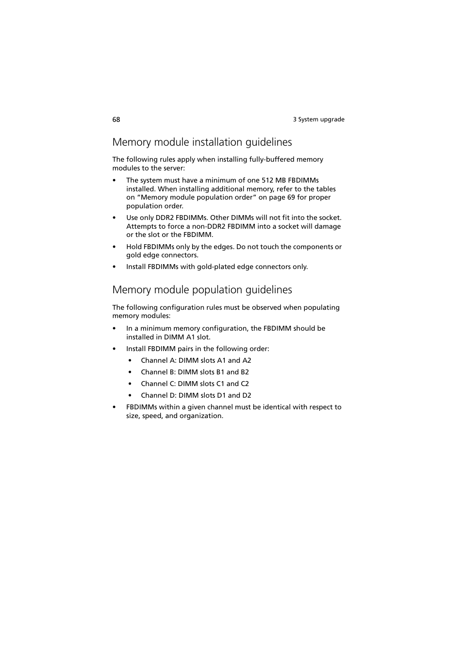 Memory module installation guidelines, Memory module population guidelines | Acer Network Device Altos R520 User Manual | Page 78 / 184