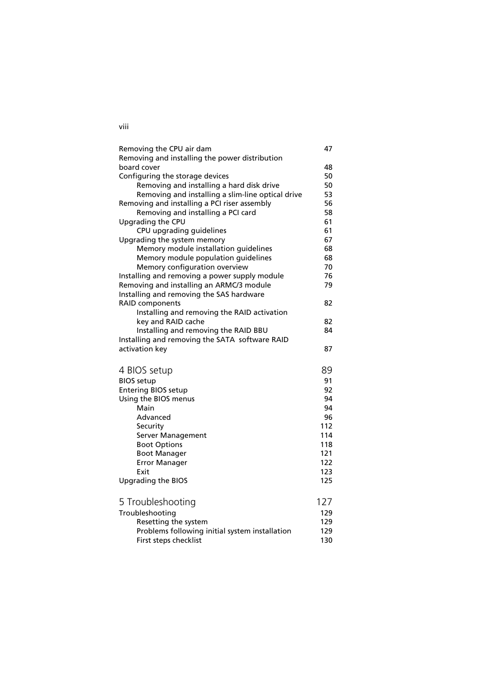 4 bios setup 89, 5 troubleshooting 127 | Acer Network Device Altos R520 User Manual | Page 8 / 184