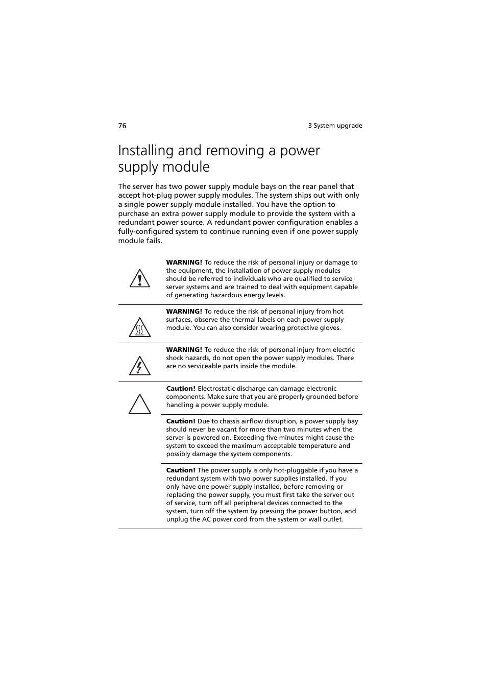 Installing and removing a power supply module | Acer Network Device Altos R520 User Manual | Page 86 / 184