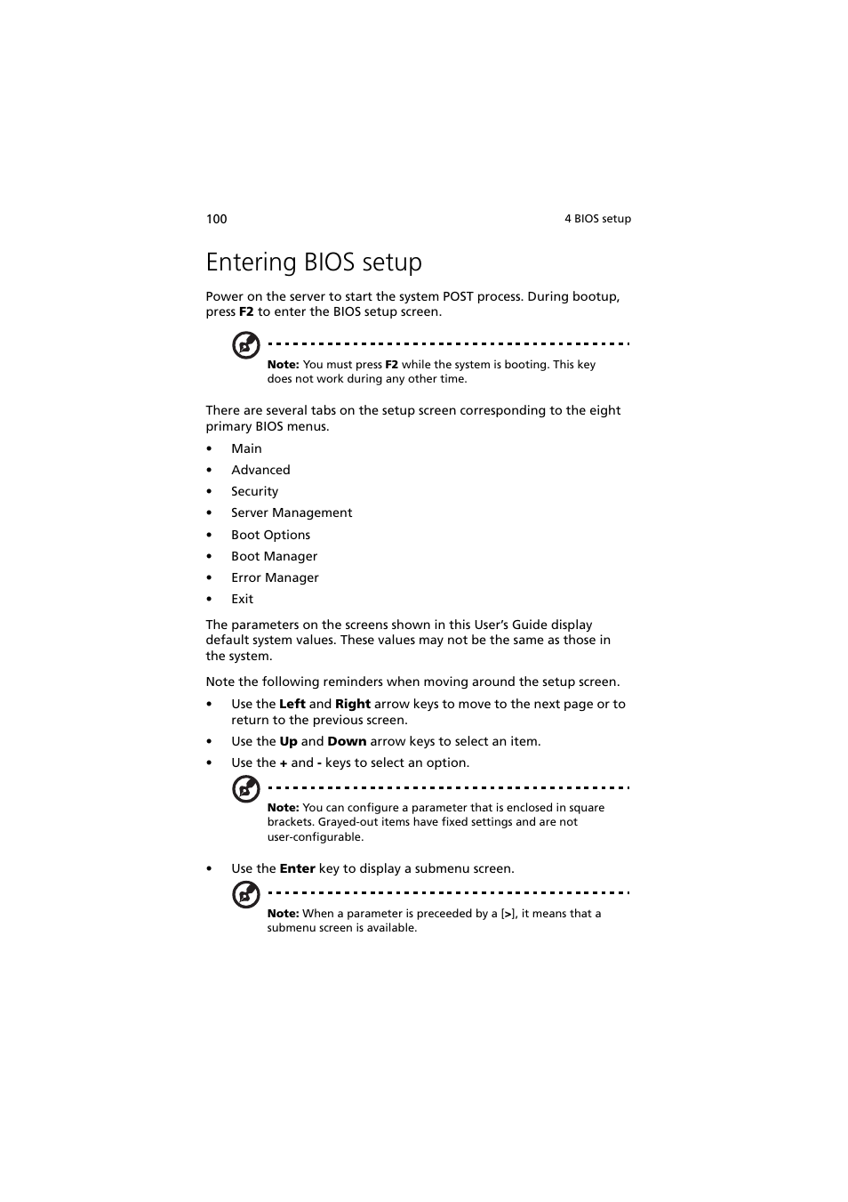Entering bios setup | Acer Altos R720 Series User Manual | Page 110 / 186