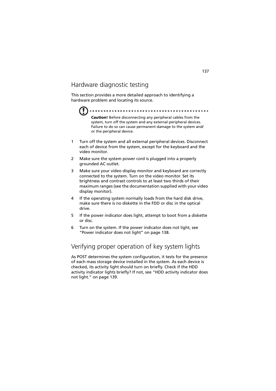 Hardware diagnostic testing, Verifying proper operation of key system lights | Acer Altos R720 Series User Manual | Page 147 / 186