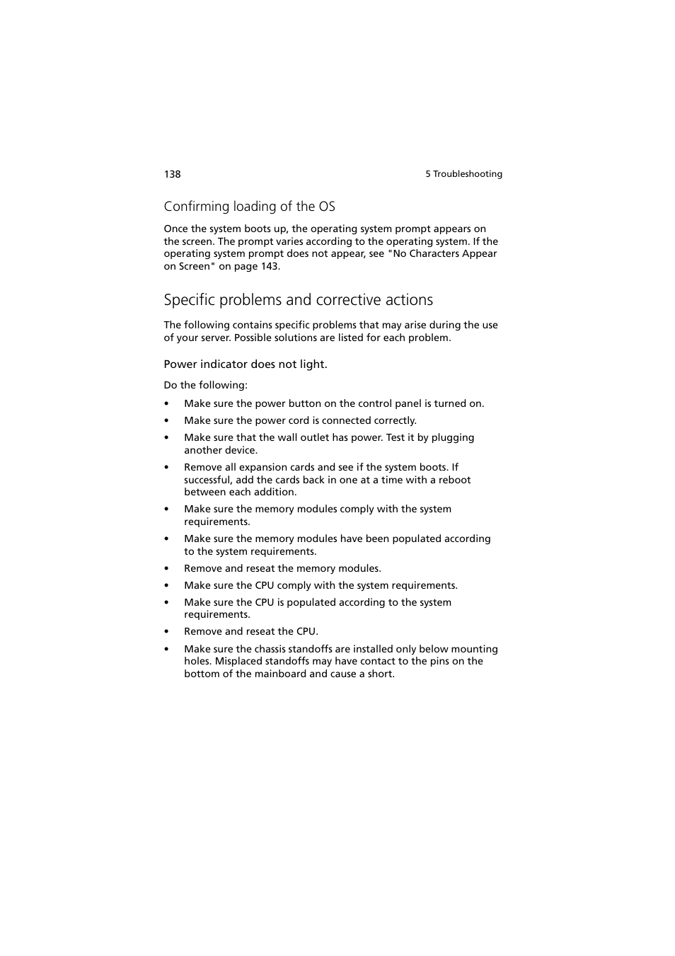 Specific problems and corrective actions, Confirming loading of the os | Acer Altos R720 Series User Manual | Page 148 / 186