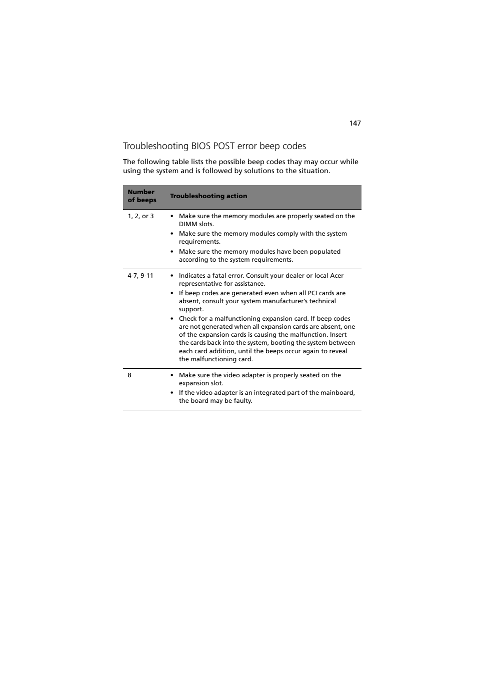 Troubleshooting bios post error beep codes | Acer Altos R720 Series User Manual | Page 157 / 186