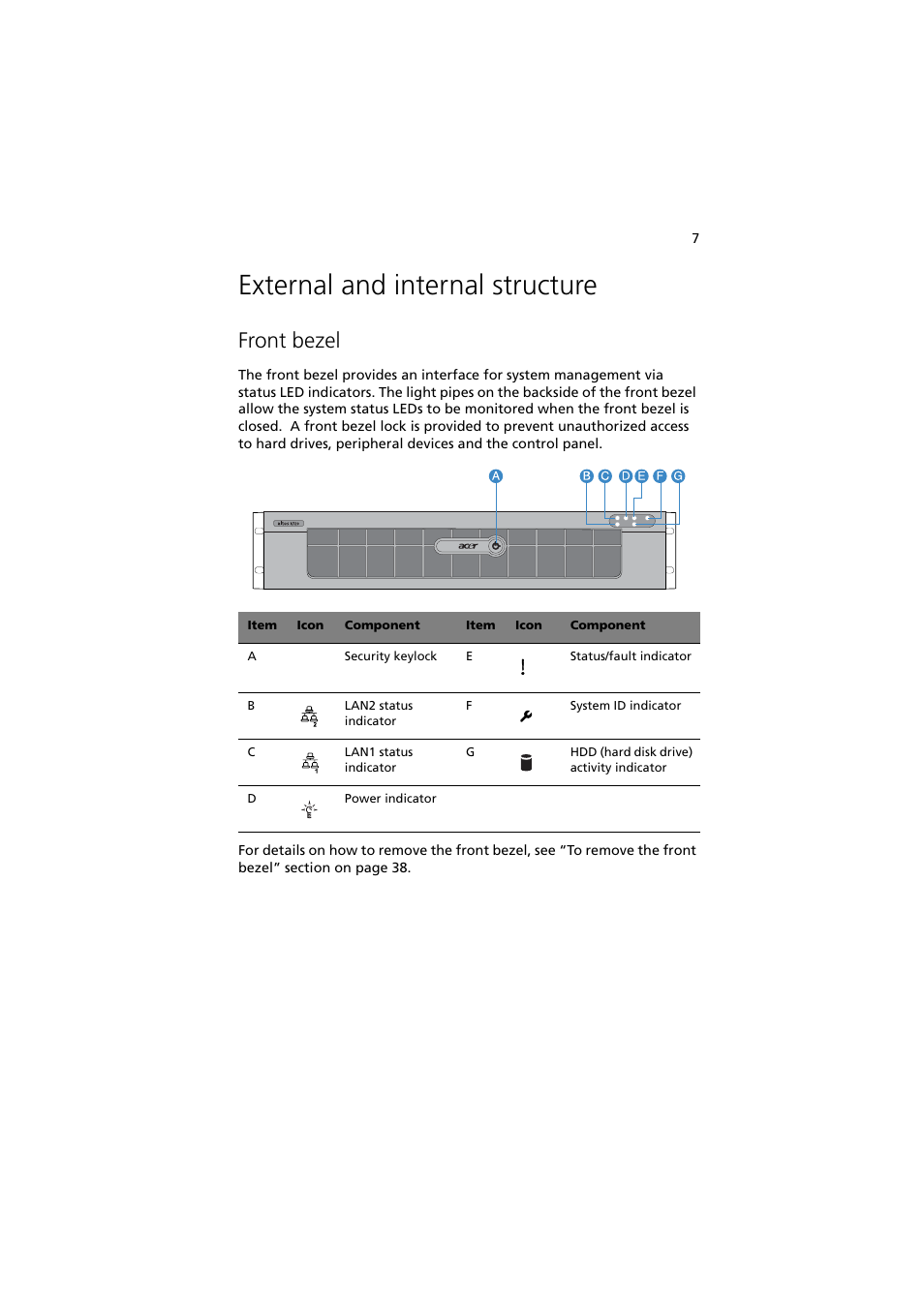 External and internal structure, Front bezel | Acer Altos R720 Series User Manual | Page 17 / 186