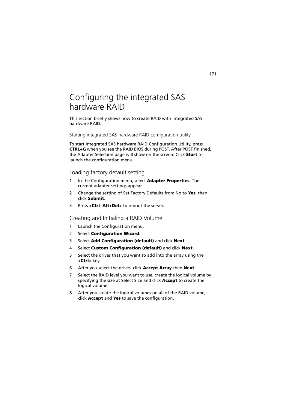 Configuring the integrated sas hardware raid, Loading factory default setting, Creating and initialing a raid volume | Acer Altos R720 Series User Manual | Page 181 / 186