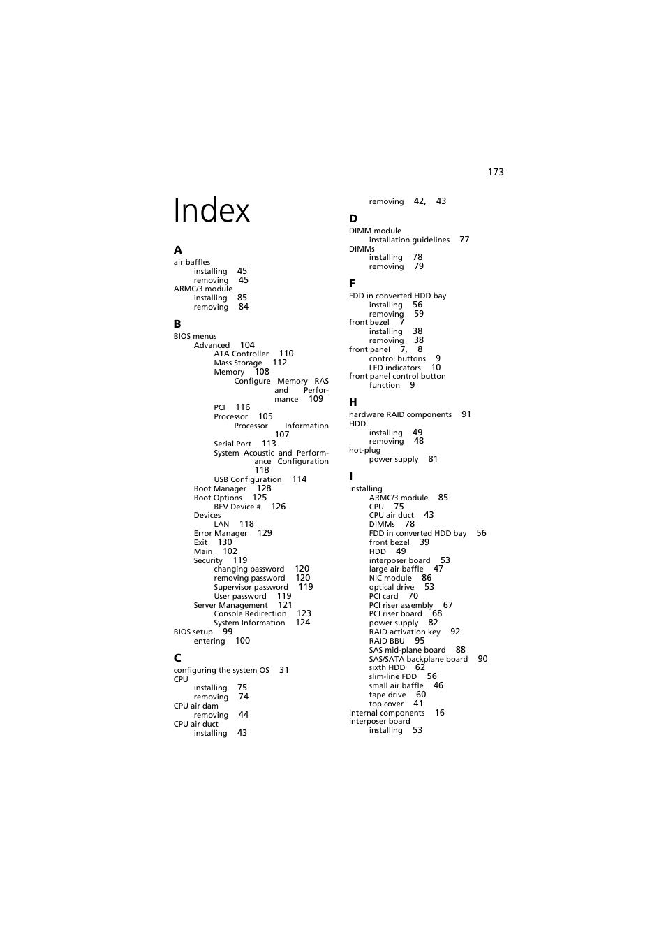 Index, Index 173 | Acer Altos R720 Series User Manual | Page 183 / 186