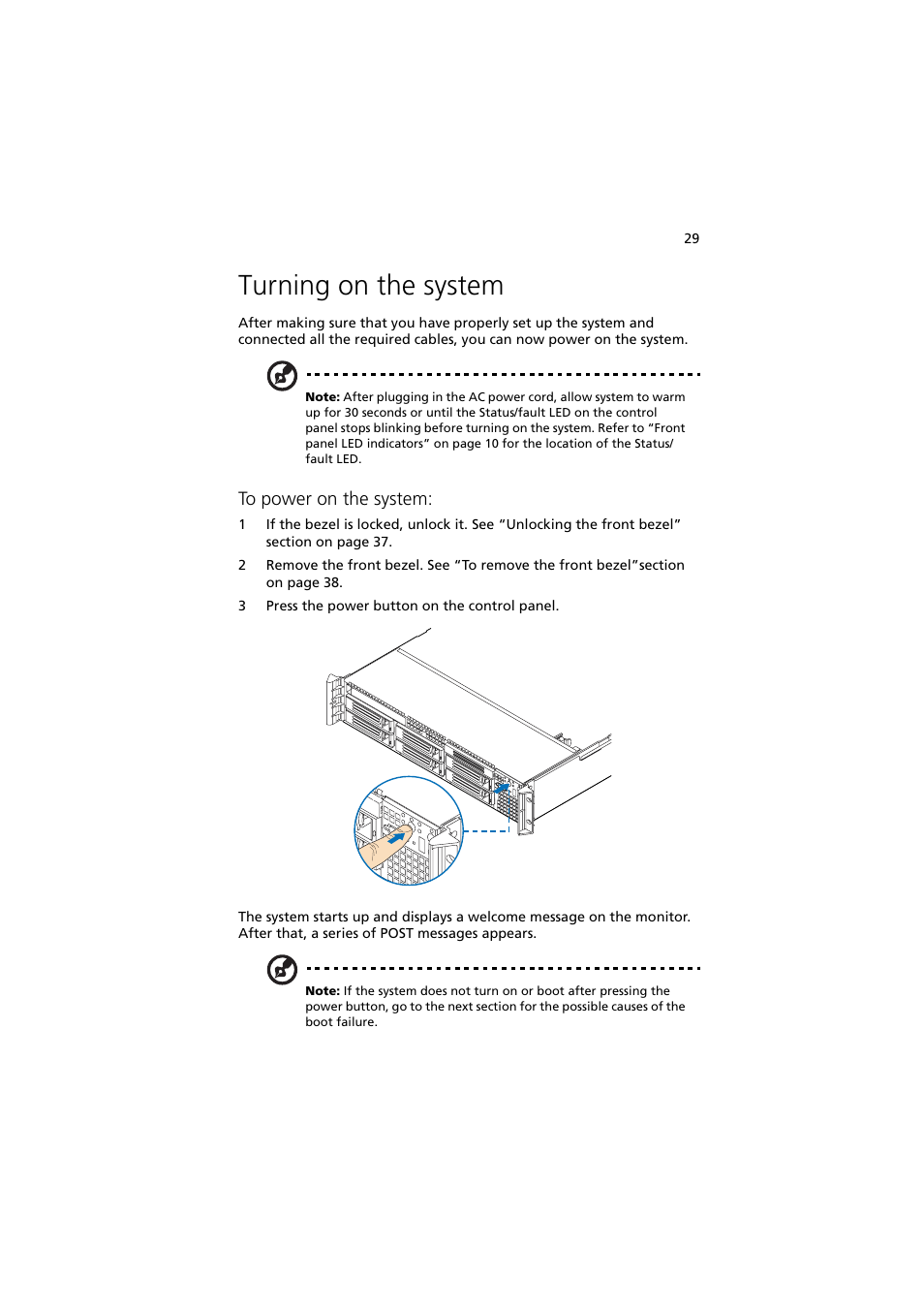 Turning on the system | Acer Altos R720 Series User Manual | Page 39 / 186