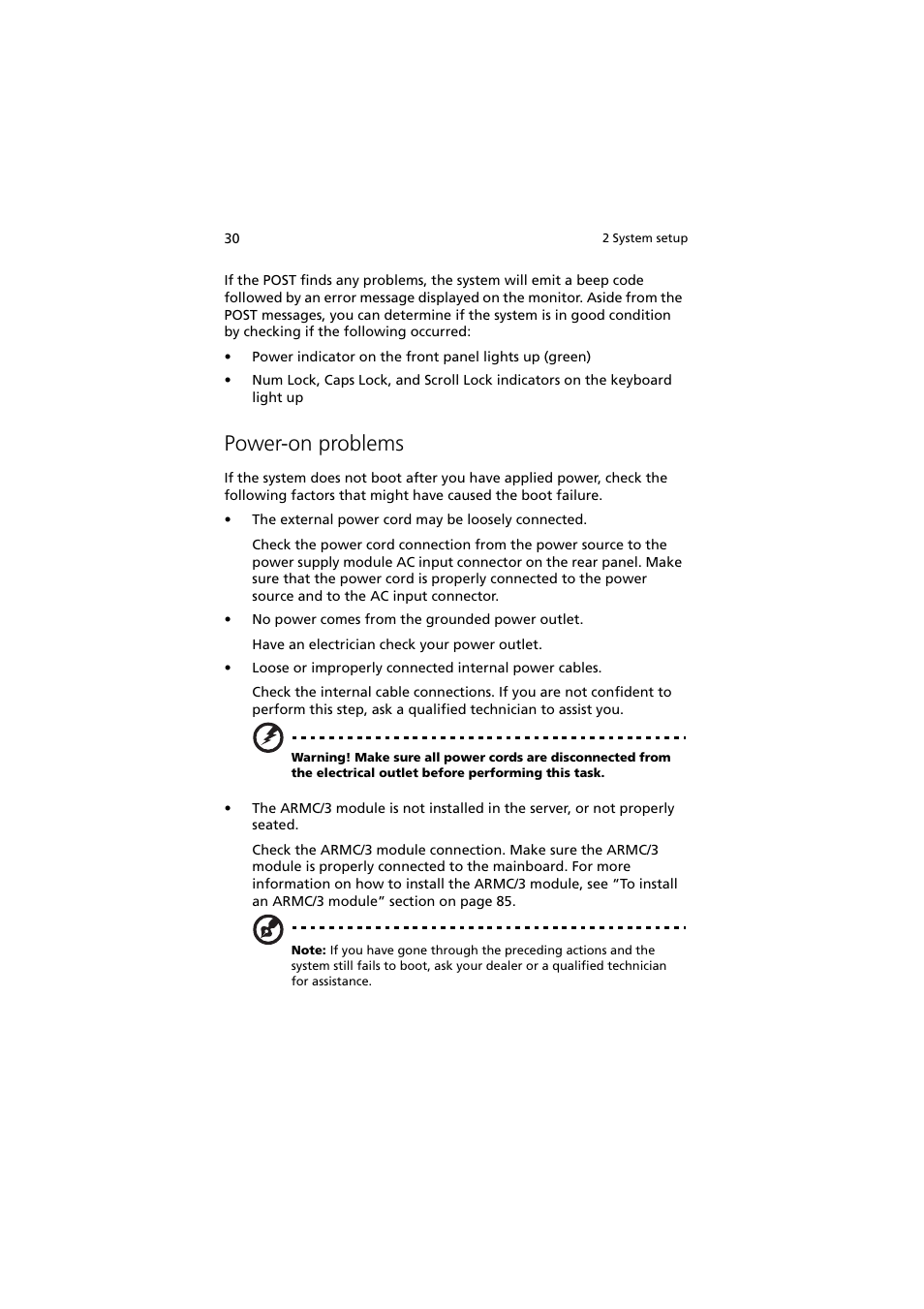 Power-on problems | Acer Altos R720 Series User Manual | Page 40 / 186