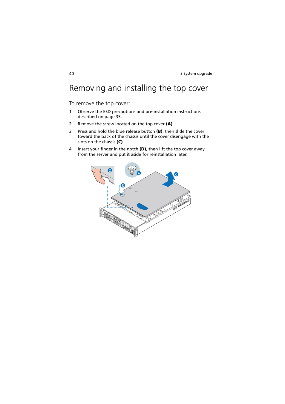 Removing and installing the top cover | Acer Altos R720 Series User Manual | Page 50 / 186