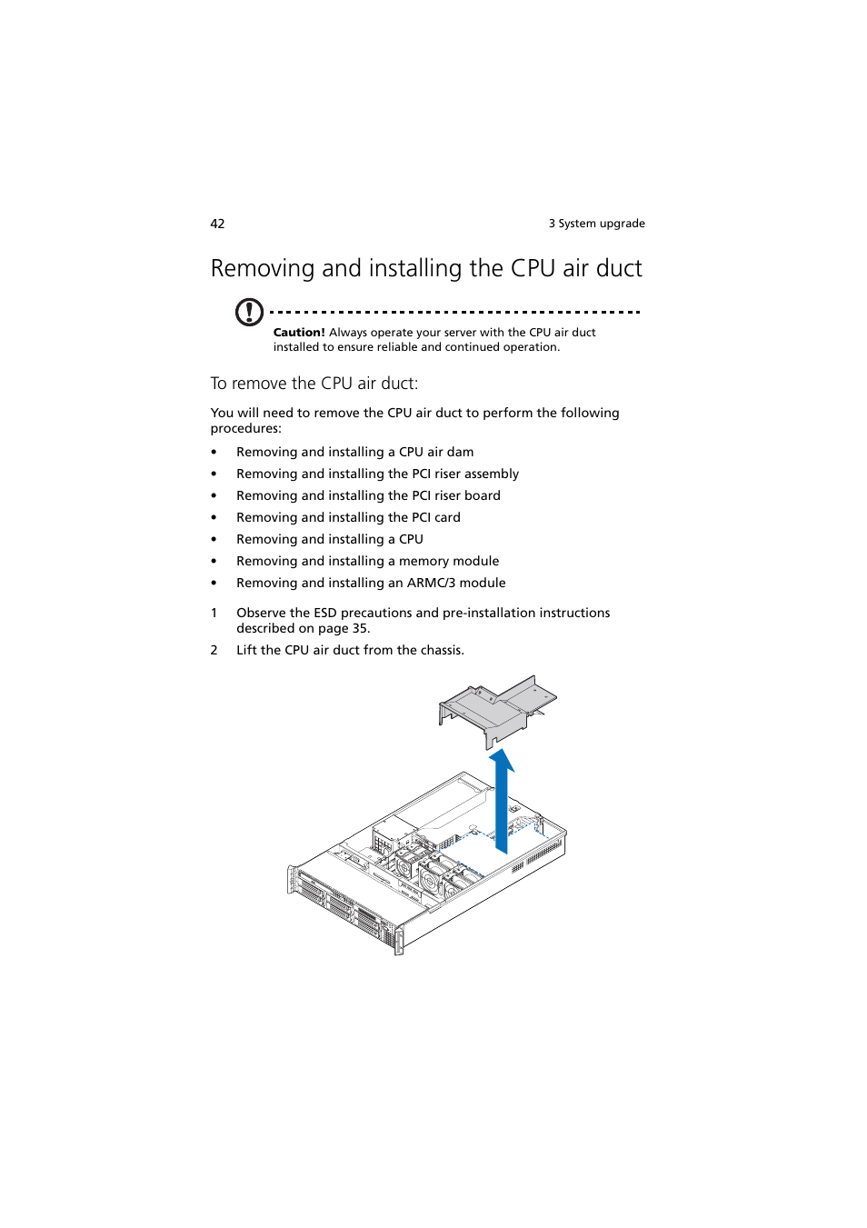 Removing and installing the cpu air duct | Acer Altos R720 Series User Manual | Page 52 / 186