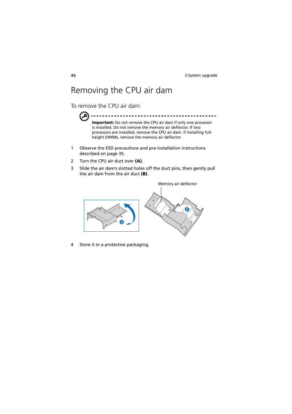 Removing the cpu air dam | Acer Altos R720 Series User Manual | Page 54 / 186