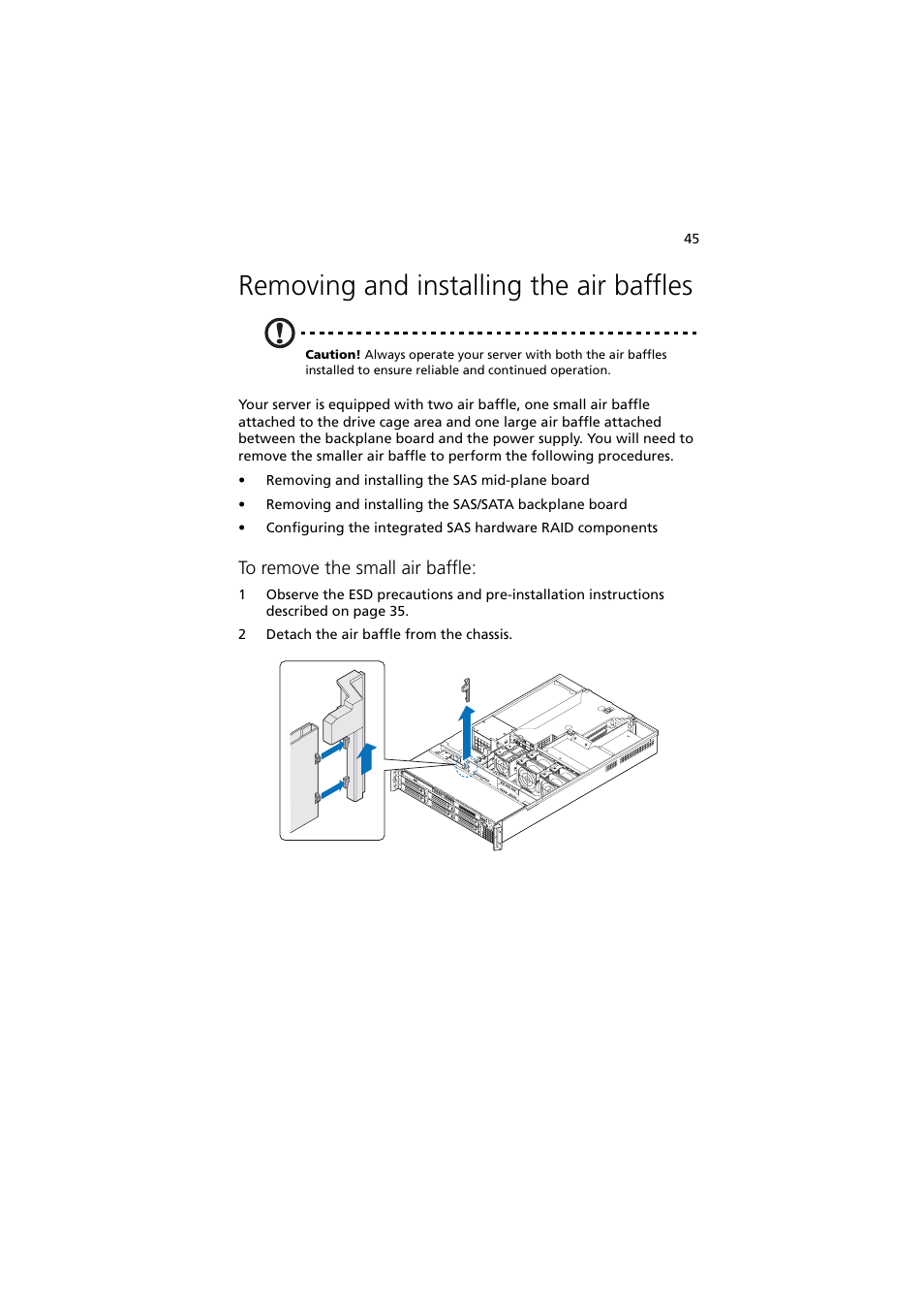 Removing and installing the air baffles | Acer Altos R720 Series User Manual | Page 55 / 186