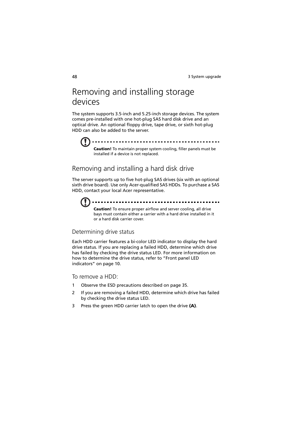 Removing and installing storage devices, Removing and installing a hard disk drive, Determining drive status | Acer Altos R720 Series User Manual | Page 58 / 186