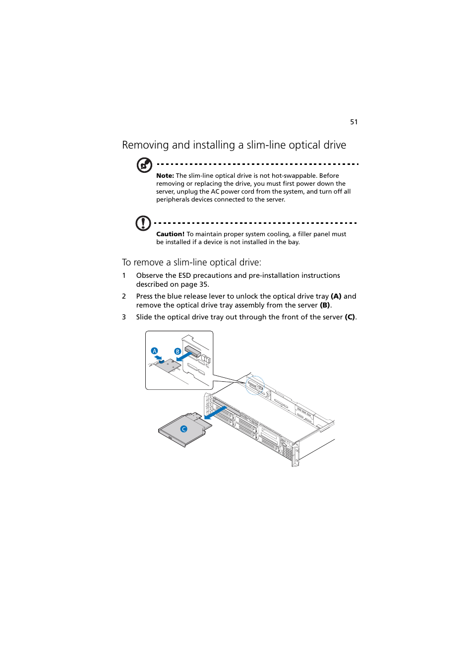 Removing and installing a slim-line optical drive | Acer Altos R720 Series User Manual | Page 61 / 186