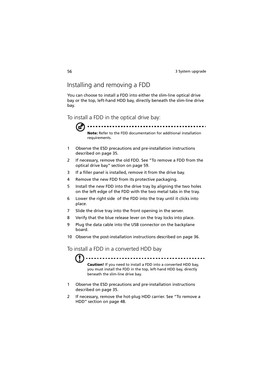 Installing and removing a fdd | Acer Altos R720 Series User Manual | Page 66 / 186