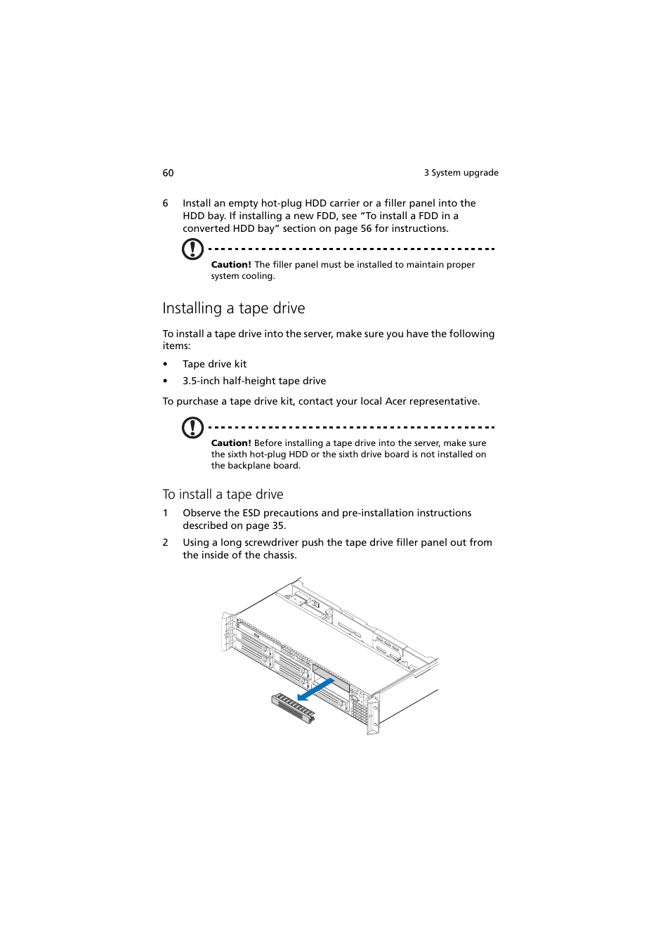 Installing a tape drive | Acer Altos R720 Series User Manual | Page 70 / 186
