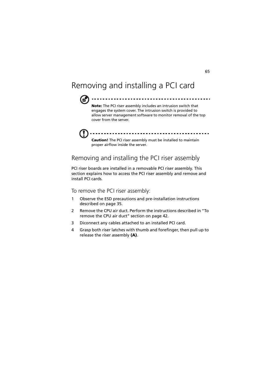 Removing and installing a pci card, Removing and installing the pci riser assembly | Acer Altos R720 Series User Manual | Page 75 / 186