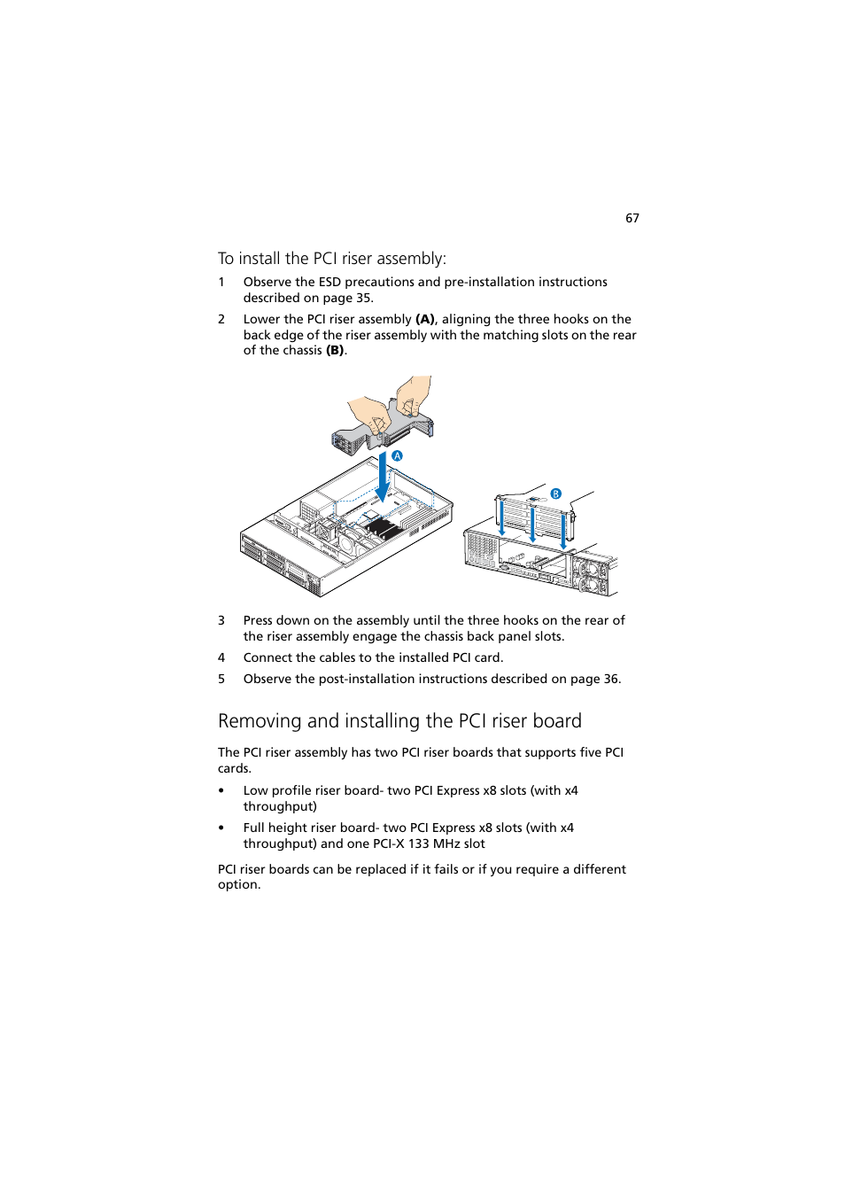 Removing and installing the pci riser board | Acer Altos R720 Series User Manual | Page 77 / 186