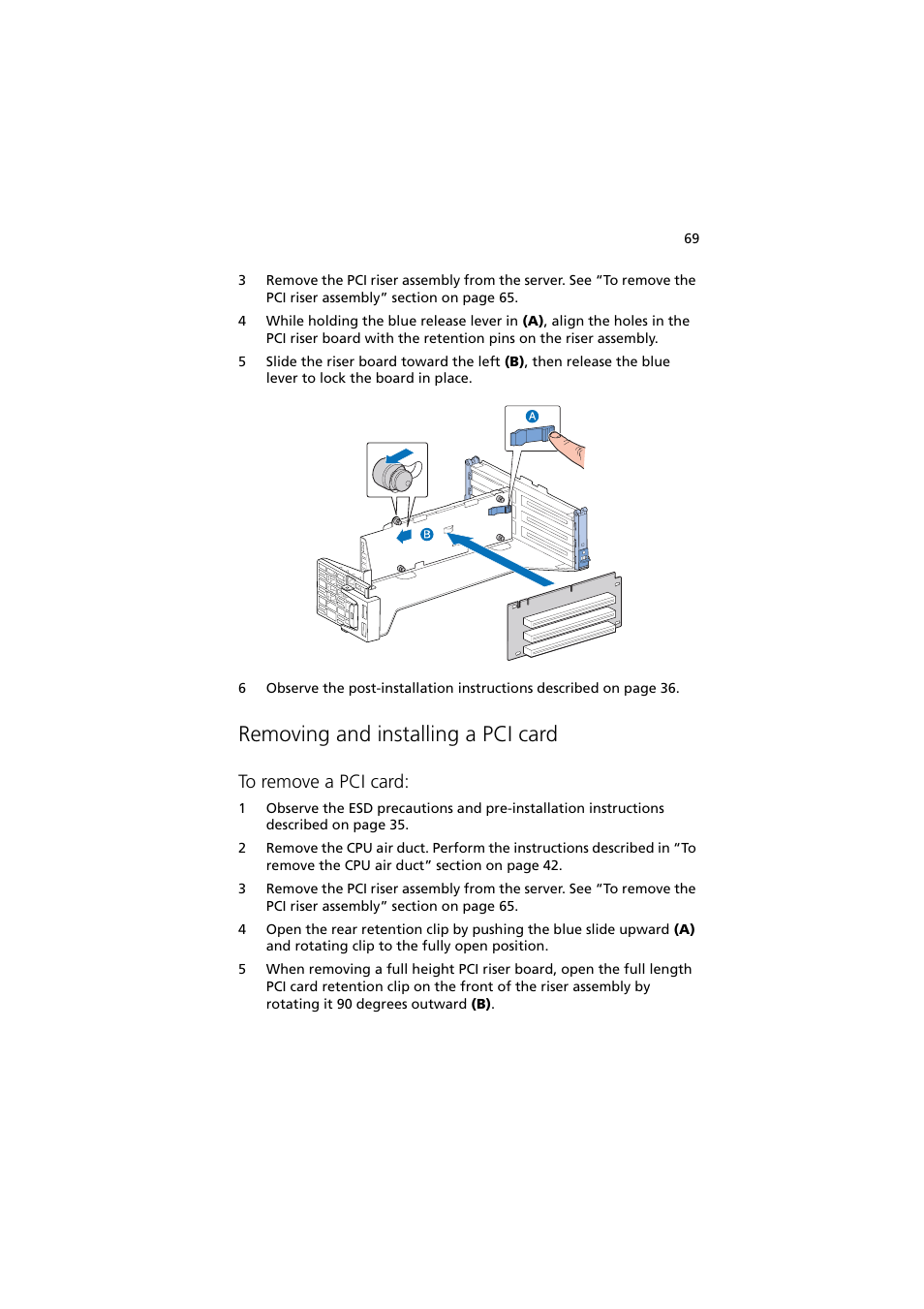 Removing and installing a pci card | Acer Altos R720 Series User Manual | Page 79 / 186