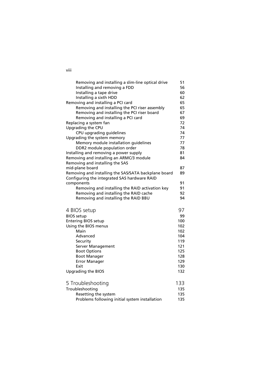 4 bios setup 97, 5 troubleshooting 133 | Acer Altos R720 Series User Manual | Page 8 / 186