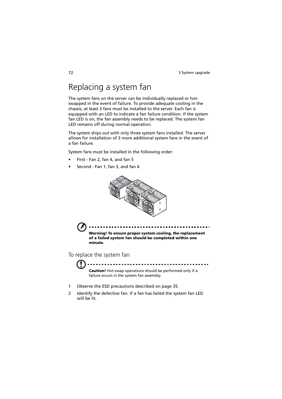 Replacing a system fan | Acer Altos R720 Series User Manual | Page 82 / 186