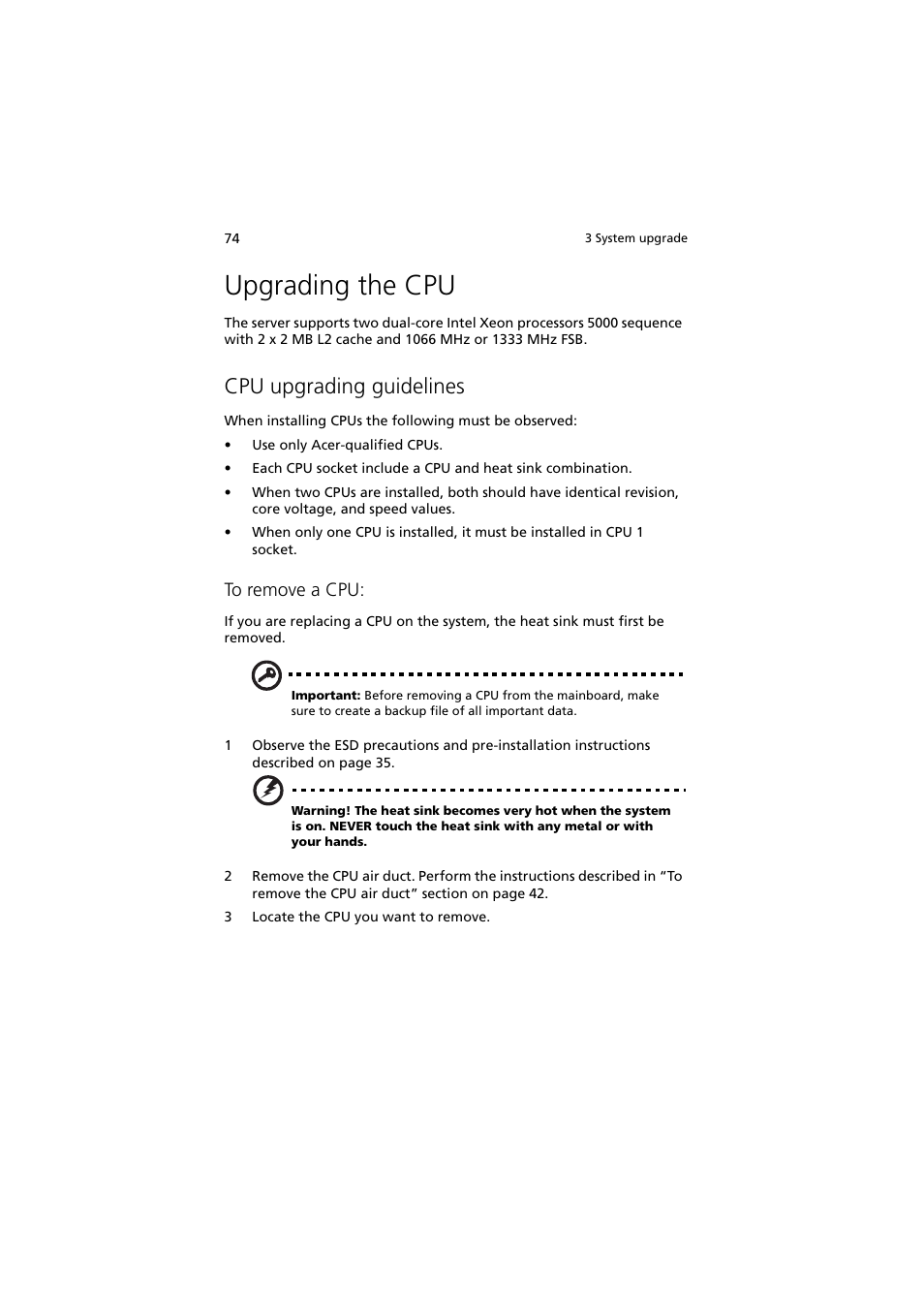 Upgrading the cpu, Cpu upgrading guidelines | Acer Altos R720 Series User Manual | Page 84 / 186