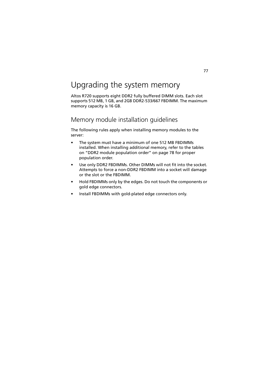 Upgrading the system memory, Memory module installation guidelines | Acer Altos R720 Series User Manual | Page 87 / 186