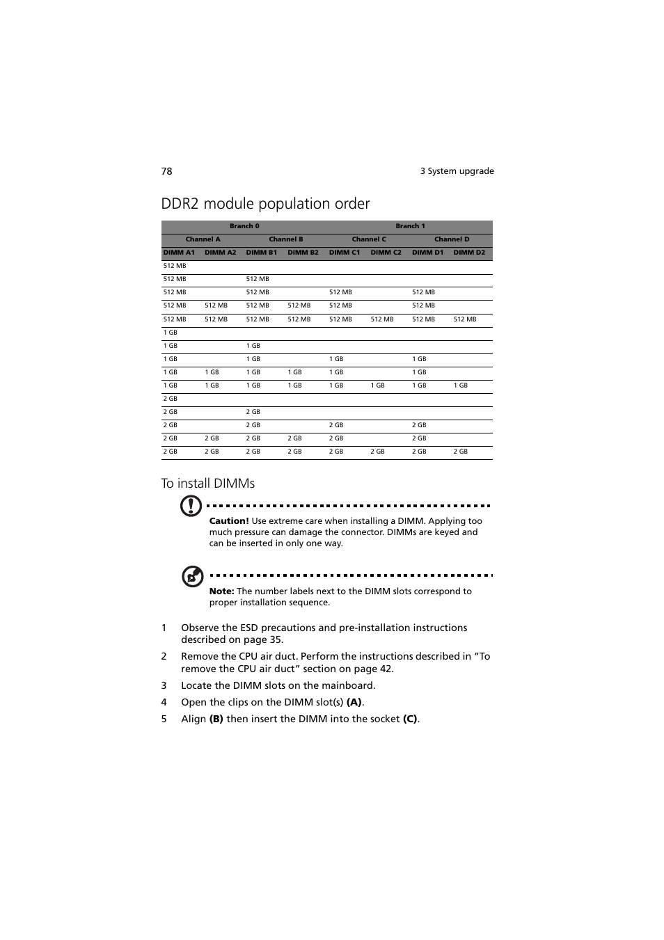 Ddr2 module population order | Acer Altos R720 Series User Manual | Page 88 / 186