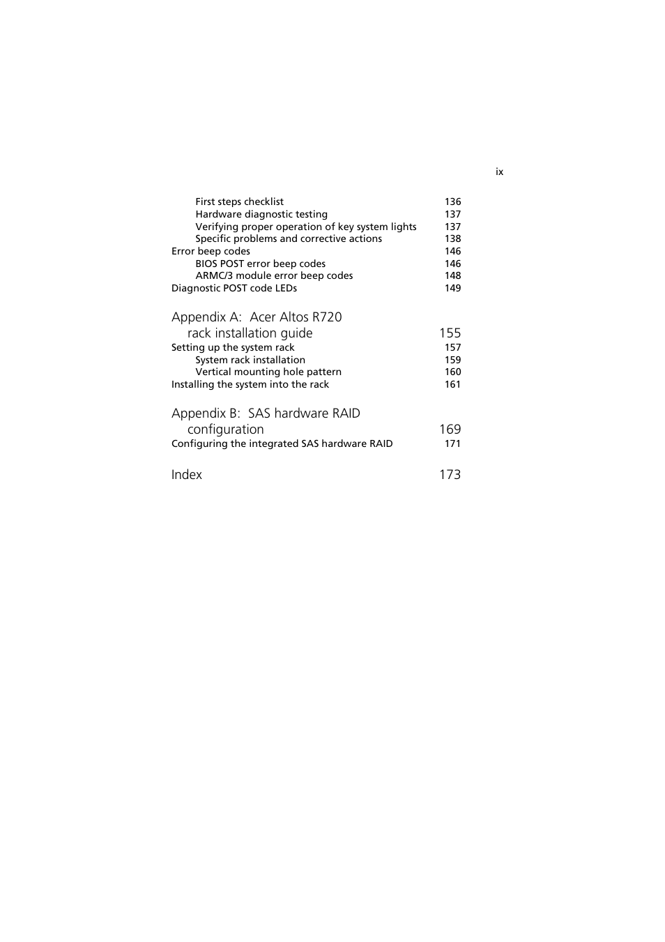 Appendix b: sas hardware raid configuration 169, Index 173 | Acer Altos R720 Series User Manual | Page 9 / 186