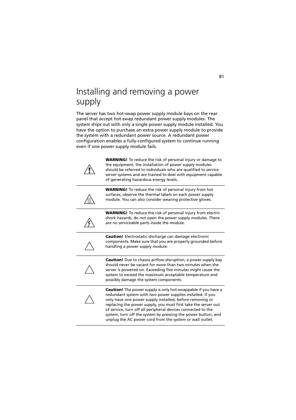 Installing and removing a power supply | Acer Altos R720 Series User Manual | Page 91 / 186