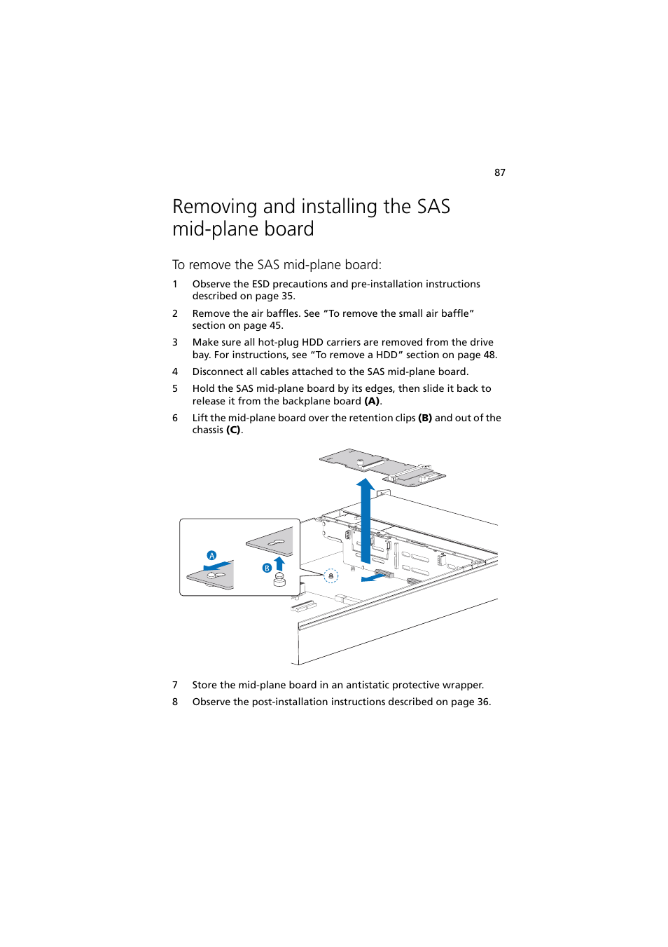 Removing and installing the sas mid-plane board | Acer Altos R720 Series User Manual | Page 97 / 186