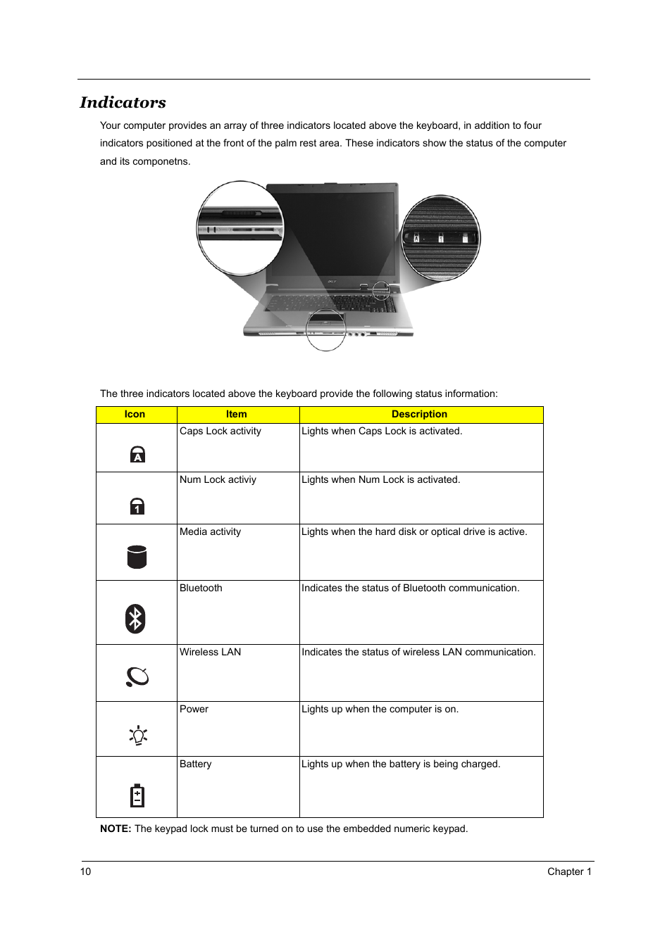 Indicators | Acer 5510 User Manual | Page 16 / 105