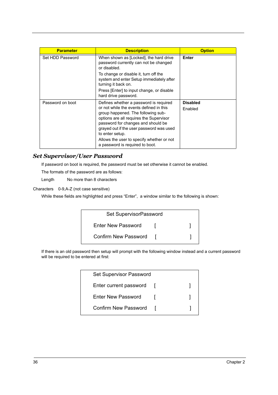 Set supervisor/user password, Characters 0-9,a-z (not case sensitive) | Acer 5510 User Manual | Page 42 / 105