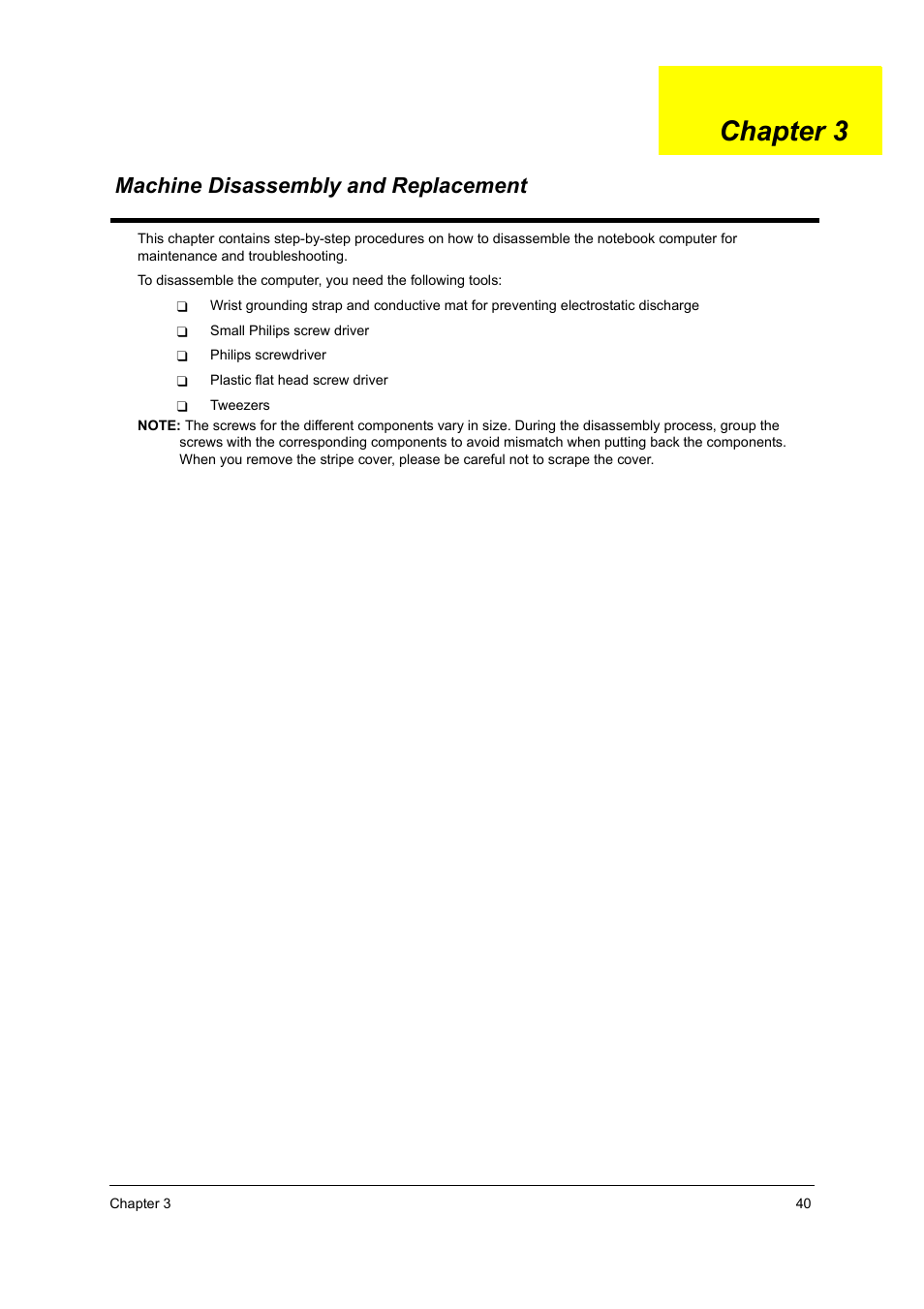Machine disassembly and replacement, Chapter 3 machine disassembly and replacement, Chapter 3 | Acer 5510 User Manual | Page 46 / 105