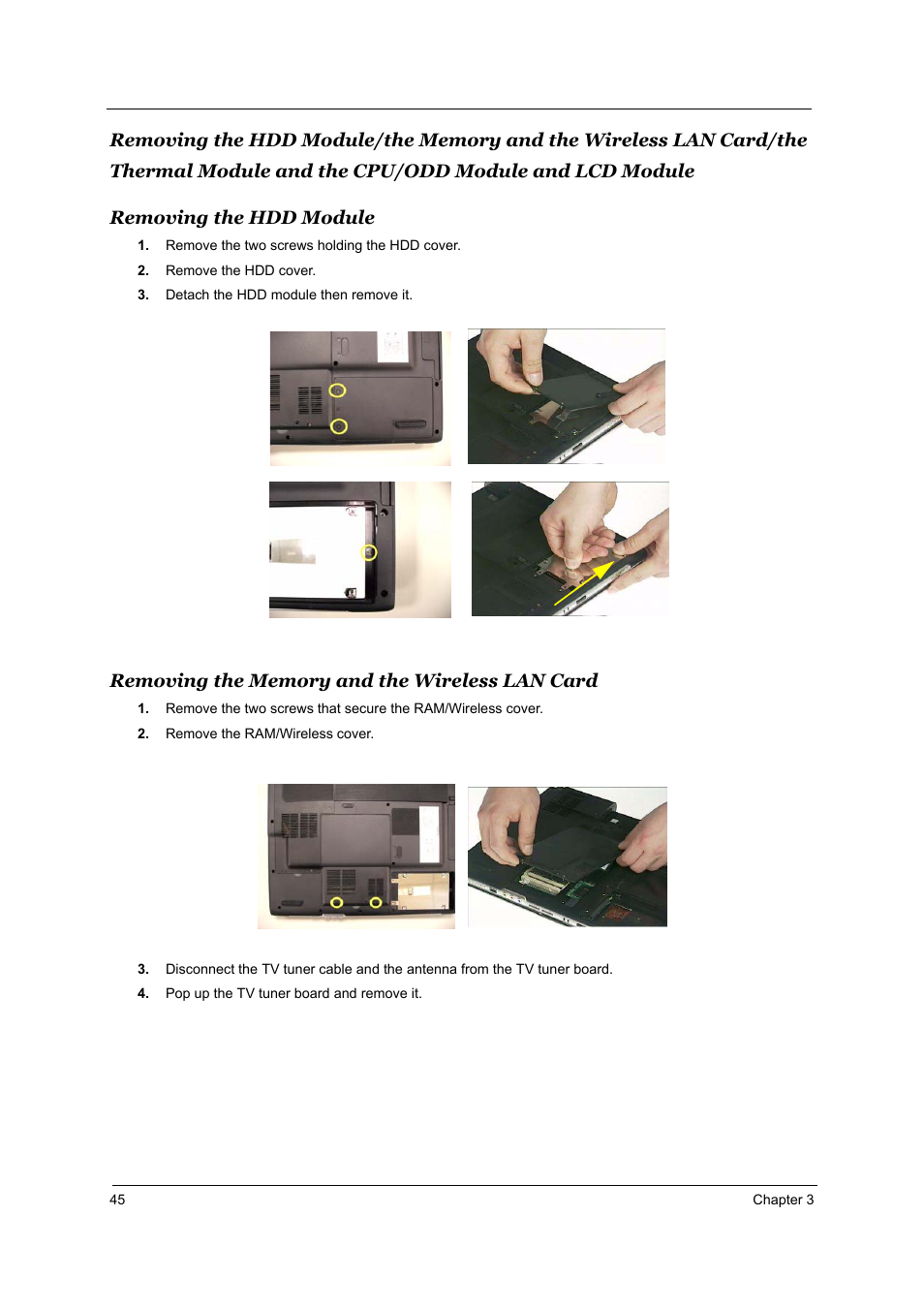 Removing the hdd module, Removing the memory and the wireless lan card | Acer 5510 User Manual | Page 51 / 105