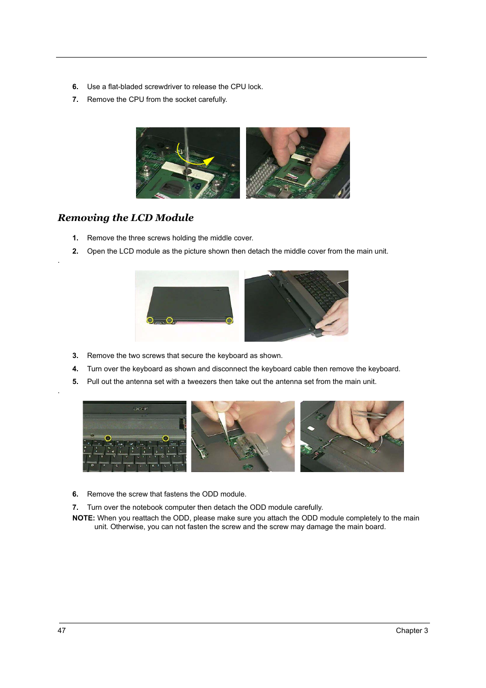 Removing the lcd module | Acer 5510 User Manual | Page 53 / 105