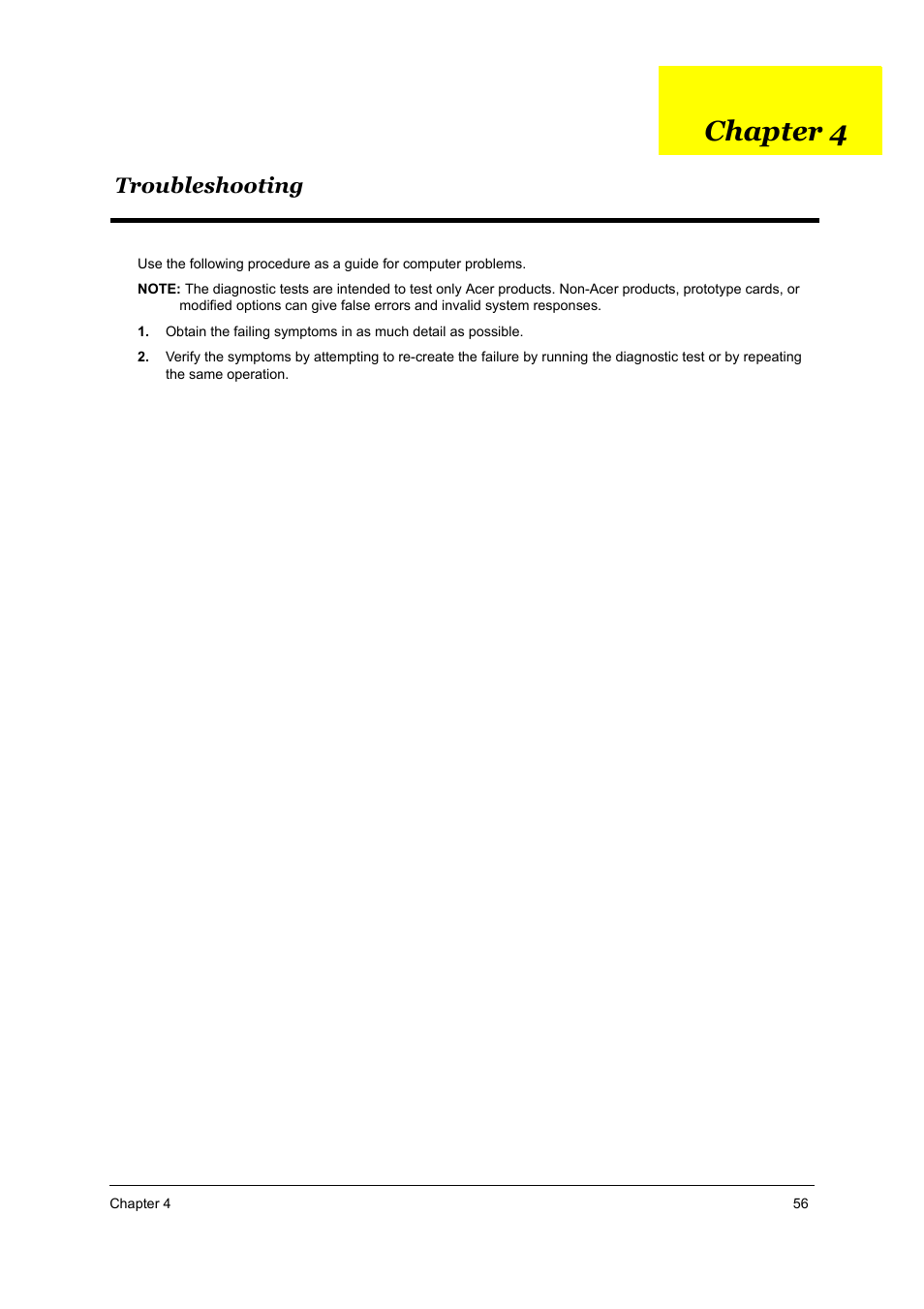 Troubleshooting, Chapter 4 troubleshooting, Chapter 4 | Acer 5510 User Manual | Page 62 / 105