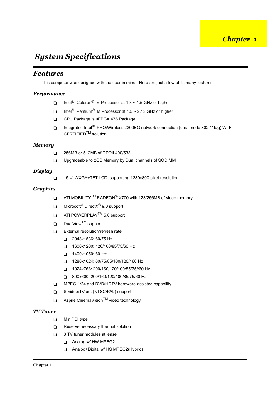 System specifications, Features, Chapter 1 system specifications | Chapter 1 | Acer 5510 User Manual | Page 7 / 105