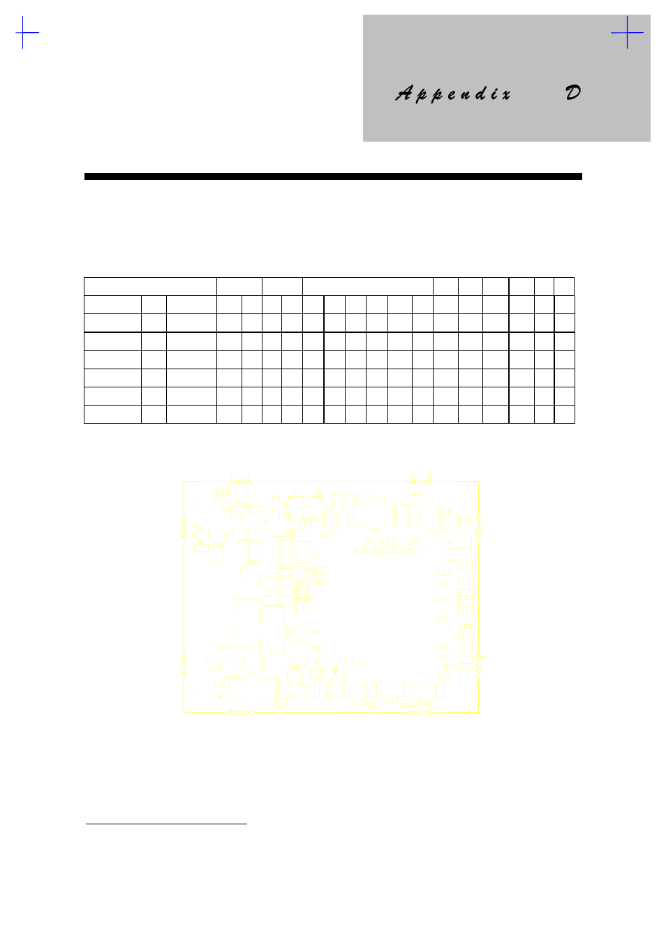 Silk screen, Appendix d silk screen, 1 cpu board layout | Silk screen d, Cpu mounting reference table | Acer 365 User Manual | Page 79 / 127