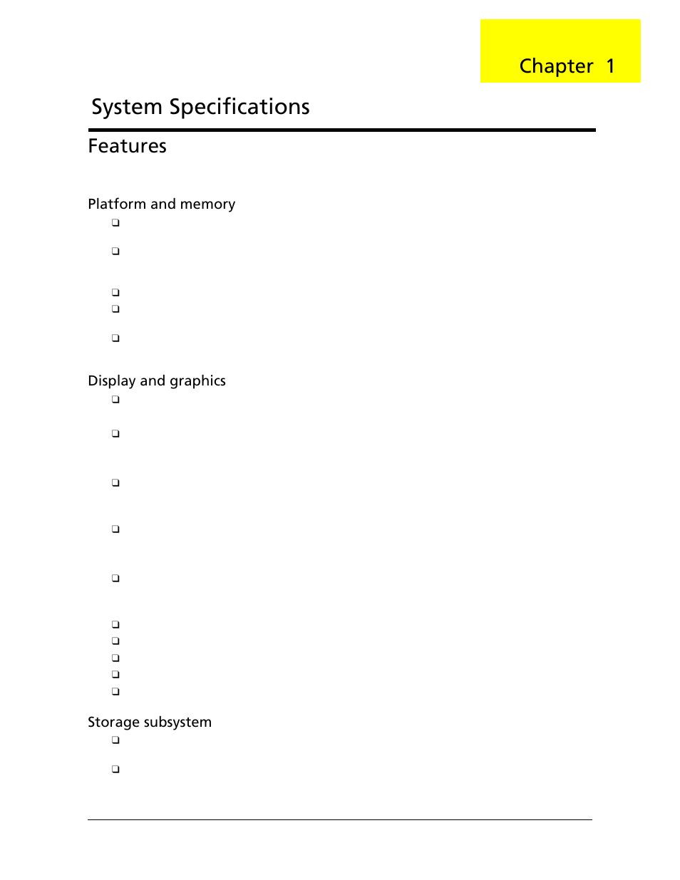 System specifications, Features, Chapter 1 | Display and graphics, Storage subsystem | Acer 5220G User Manual | Page 11 / 180