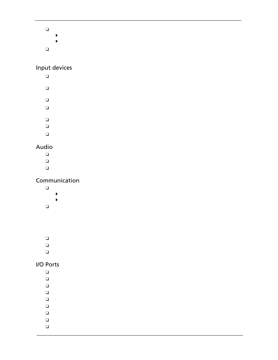 Input devices, Audio, Communication | I/o ports | Acer 5220G User Manual | Page 12 / 180